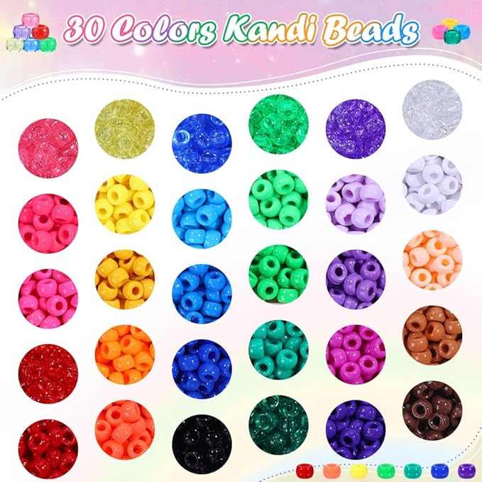 10,000 Pcs Pony Beads Bulk Set with 3-Layer Storage Box, 30 Assorted Rainbow Colors Kandi Beads (6x9mm) for Friendship Bracelets, Jewelry Making & Hair Braiding