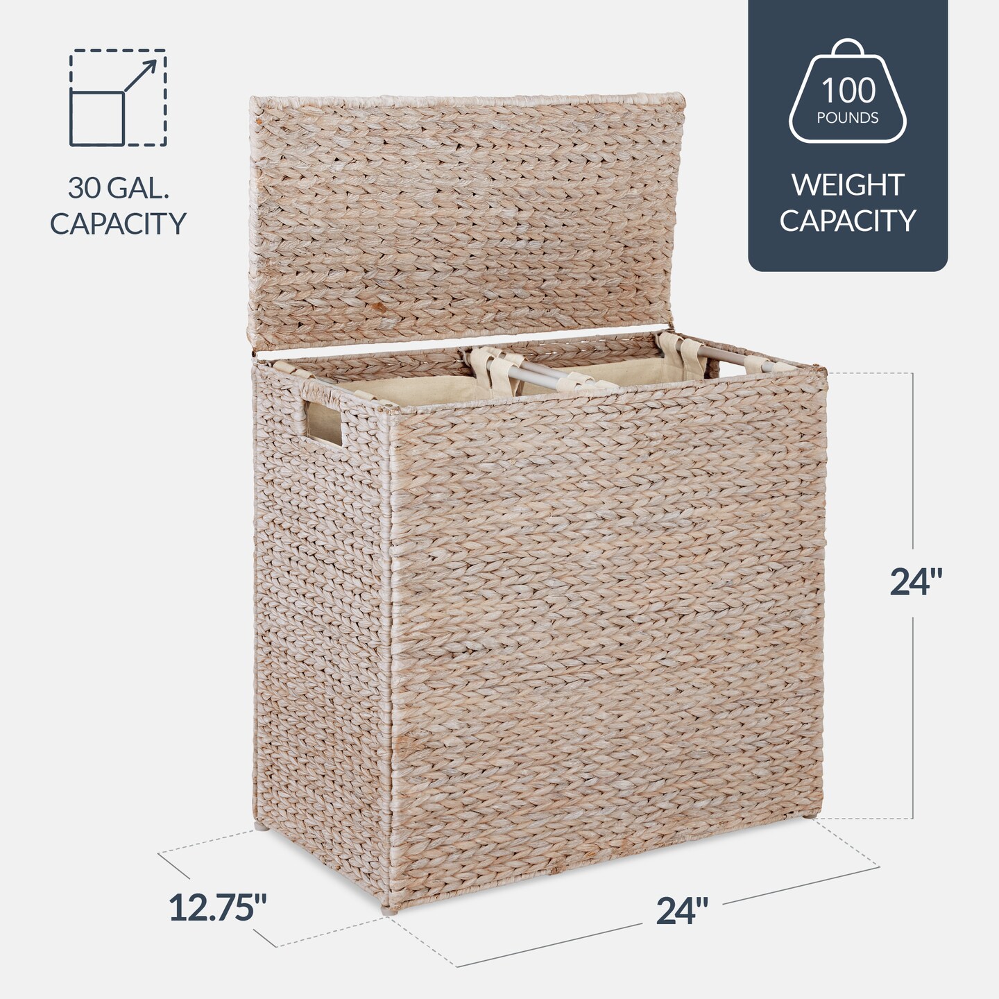 Best Choice Products Large Natural Water Hyacinth Double Laundry Hamper Basket w/ 2 Liner Bags, Handles