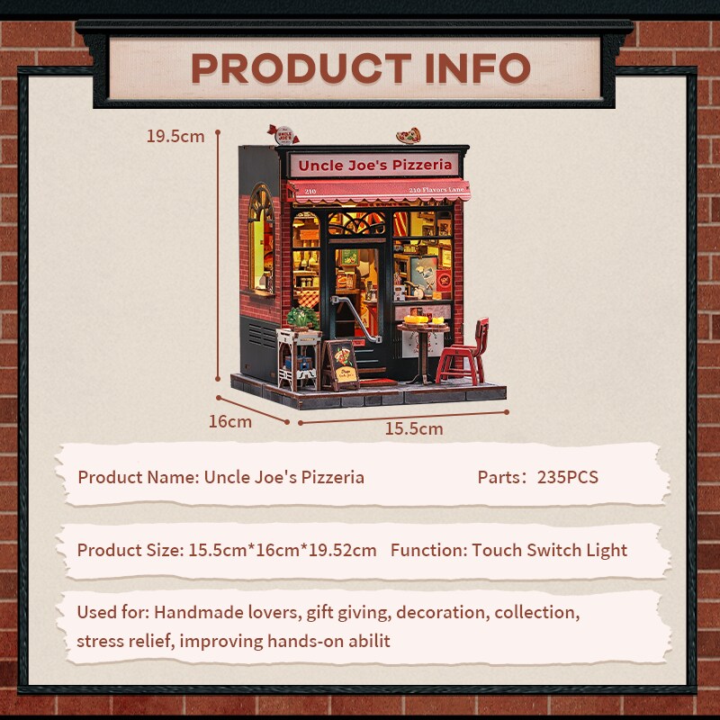Uncle Joe&#x27;s Pizzeria Dollhouse Kit - Miniature Wizardi Roombox Kit with LED Light F07M51-92-CWGC210