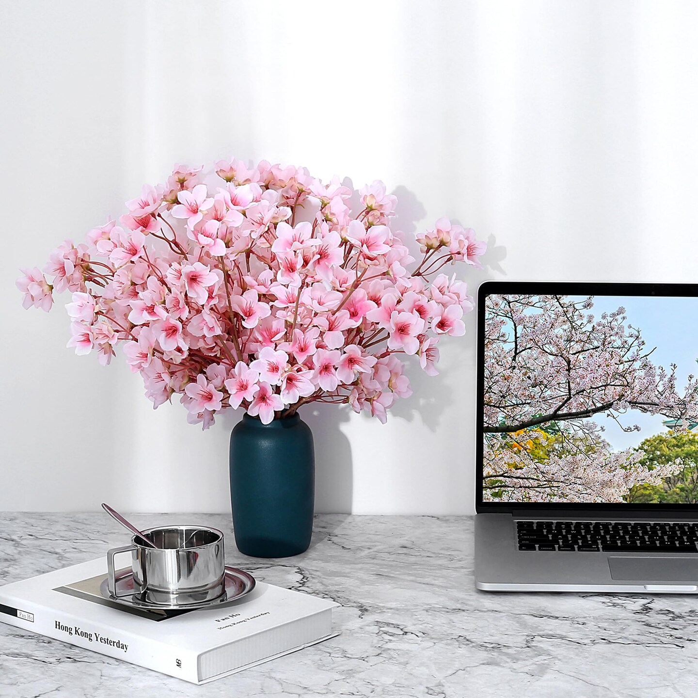 6Pcs Artificial Cherry Blossom Branches Decor Fake Flowers 16&#x22; Silk Faux Flowers for Decoration Spring Peach Bouquet Home Wedding Bedroom Party Japanese Garden Table Centerpiece Decor(Pink)