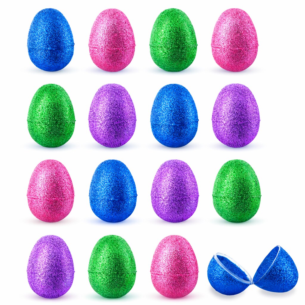 Set of 16 Shiny Glittered Multicolored Plastic Easter Eggs, 2.3 Inches