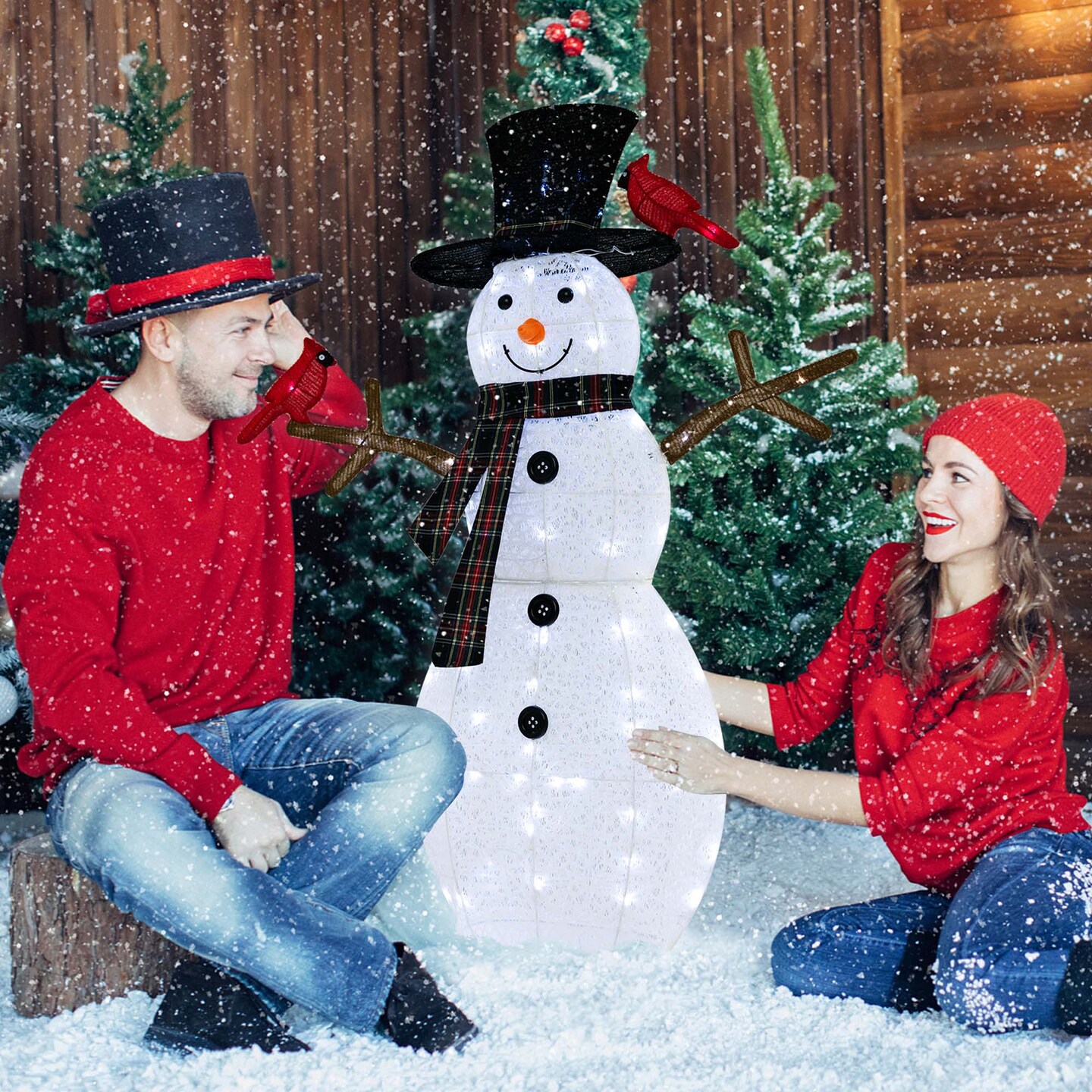 Costway 4.2 FT Pre-Lit Snowman & Redbirds Christmas Decoration with LED Lights Holiday