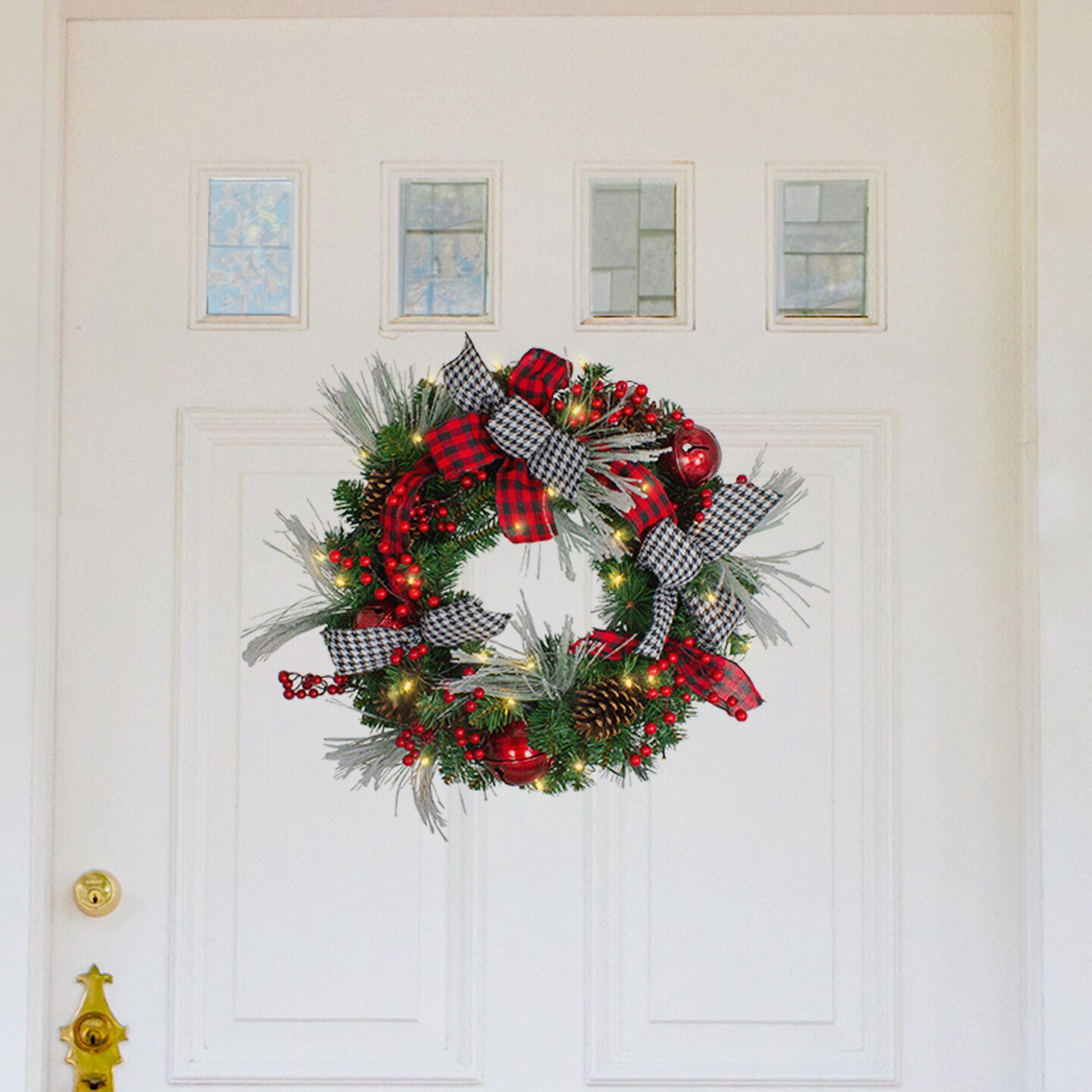Northlight Pre-Lit Plaid and Houndstooth Artificial Christmas Wreath - 24&#x22; - Warm White Lights