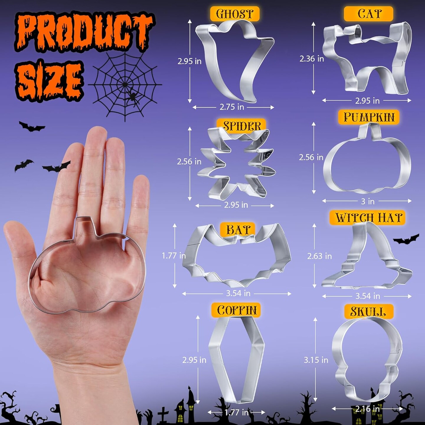 8 PCS Halloween Cookie Cutters Set, Pumpkin Bat Cat Witch Hat Ghosts Skull Coffins Cookie Cutter Biscuit Fondant Cutters for Halloween Cookie Food Party Decorations