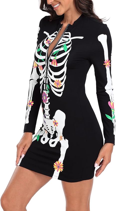 Women&#x27;s Skeleton Dress Halloween Costume Stretchy Long Sleeve Mini Dress