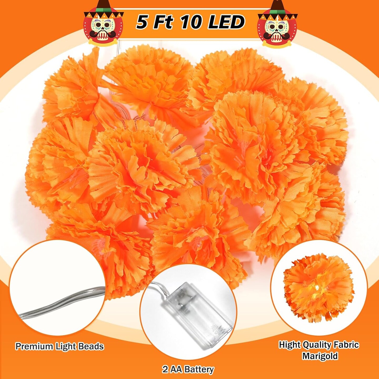 3 Pack Day of The Dead Lighted Marigold Garland 10 LED Artificial Marigold Flowers String Lights Dia de Los Muertos Decorations for Halloween Diwali Indian Party (3, 5 Ft 10 LED)