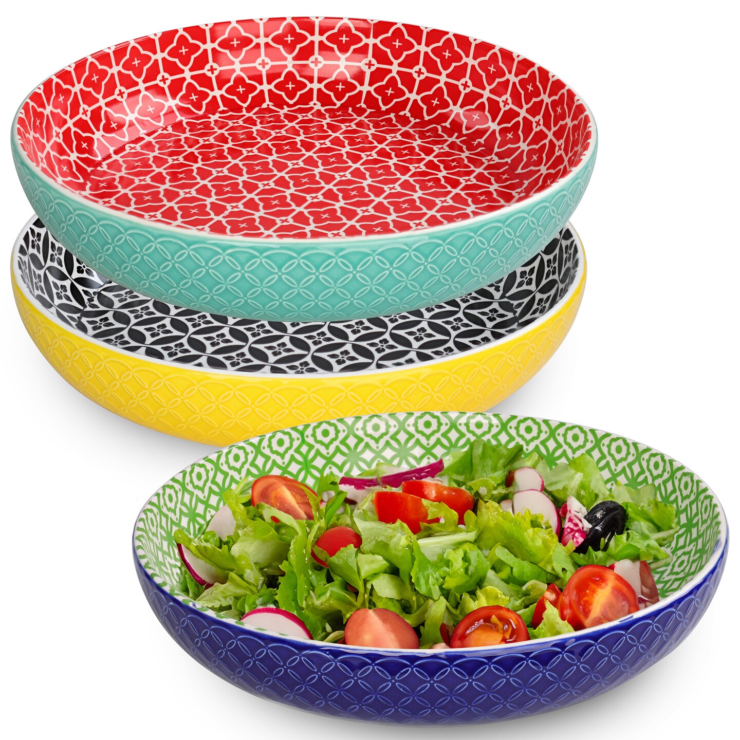 Potted Pans Large Serving Bowls for Entertaining - 3p Colorful 2.9qt Boho Dishes