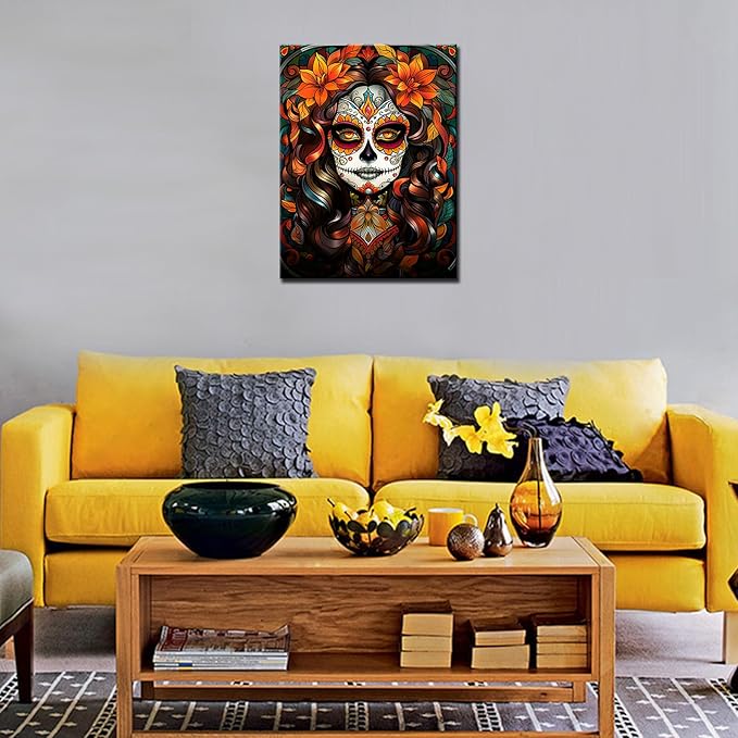 Mexican Day of Dead Diamond Painting for Adults Sexy Sugar Skull Girl 5D Full Drill Crystal Paintwork 16x12 inch,Fashion Skeleton Makeup HD Canvas Diamond Craft Art Bedroom Home Decor(DIY Frame)