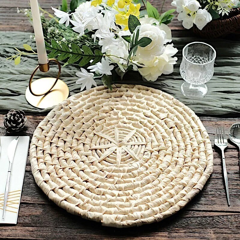 4 Round 15&#x22; Natural Corn Husk Woven Placemats Rustic Tablemats Party Decorations