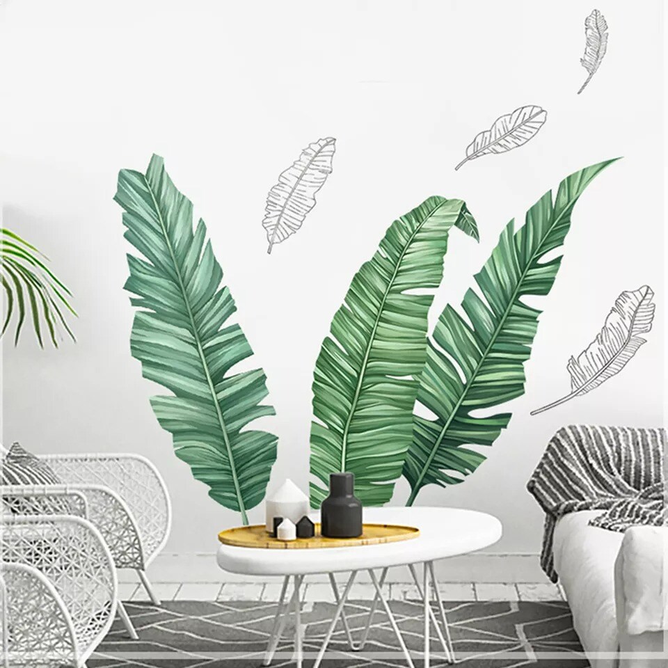 Green Wall Stickers Tropical Banana Leaves Removable PVC Bedroom Decorations