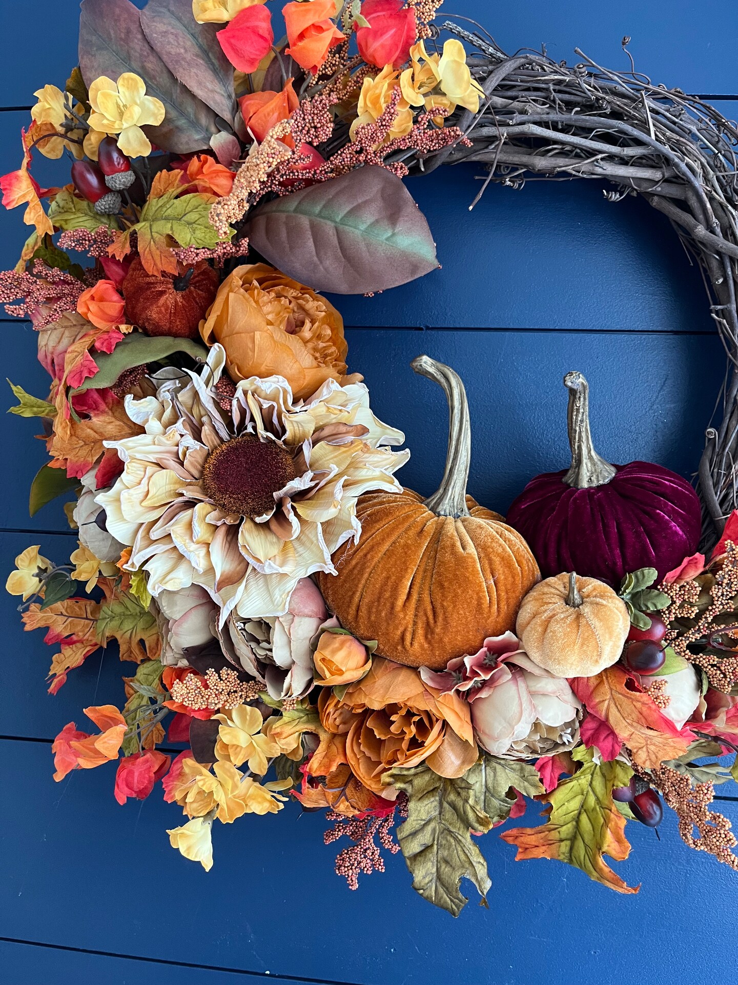 Fall Wreath with blue pumpkin, Harvest Porch Decorations, Autumn Mantle Wreath, Fall Wreath your your door, Fall sale Welcome Wreath