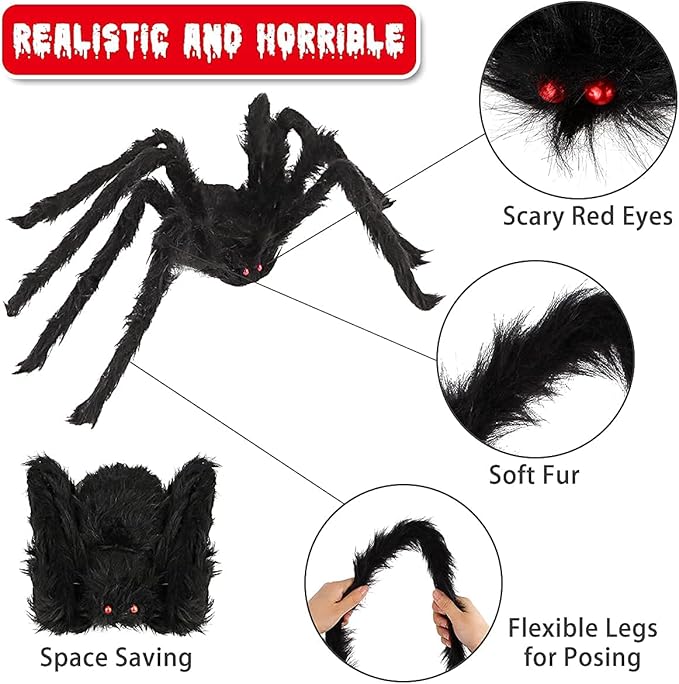 Halloween Giant Spider Decorations (3 PACK), Realistic Halloween Spider Props, Fake Scary Hairy Spiders Sets for Halloween Decorations Indoor, Outdoor and Yard Creepy Decor (59&#x22;, 49&#x201D;, 35&#x201D;)