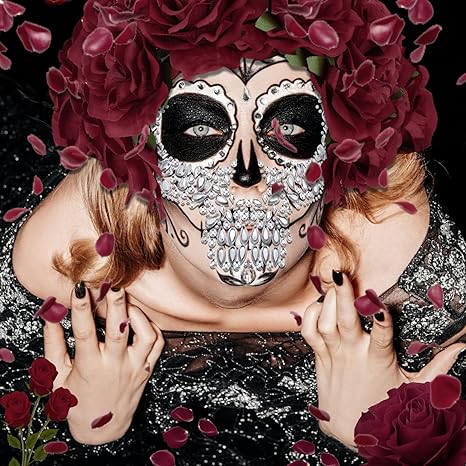 7 Pcs Day of the Dead Face Gems Tattoo and Floral Crown Garland Set, Makeup Halloween Temporary Rhinestone Stick on Skull Tattoo Stickers Red Rose Headband Headpiece for Women Girl Costume