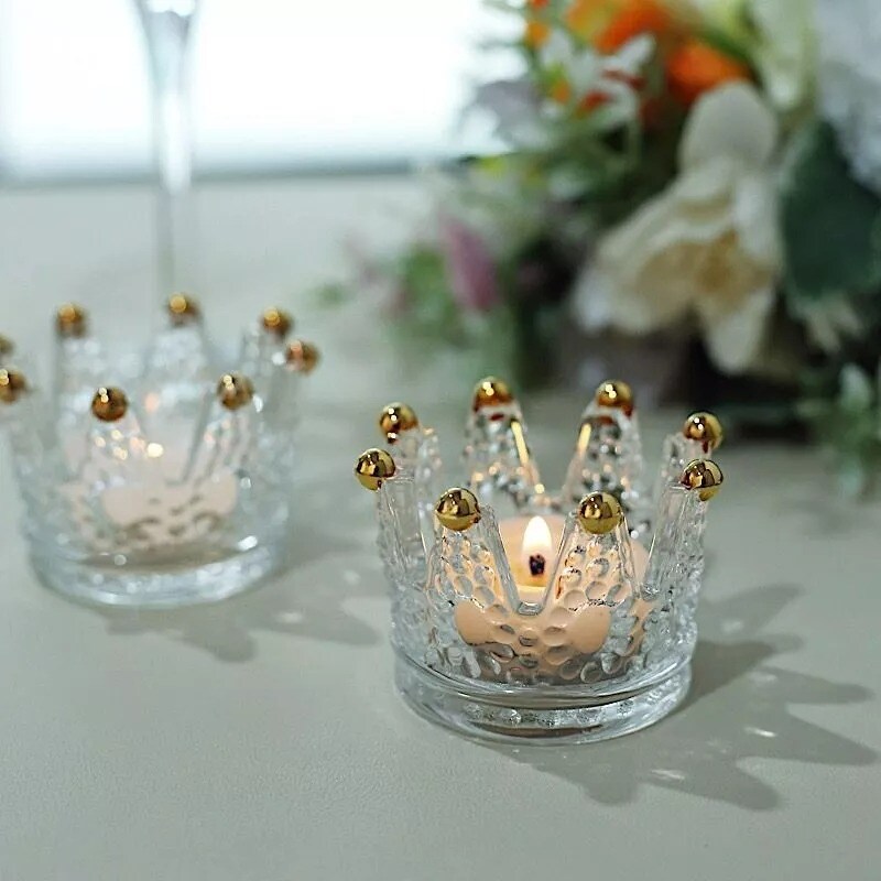 Clear Gold 6 Crown 3&#x22; x 2&#x22; Crystal Glass Candle Holders Beaded Tips Party Events