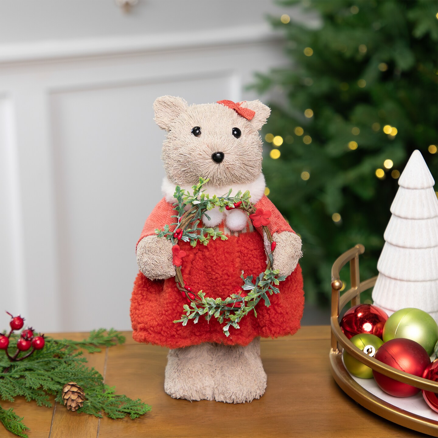 Northlight Woodland Girl Bear Holding Wreath Christmas Figure -  10&#x22;