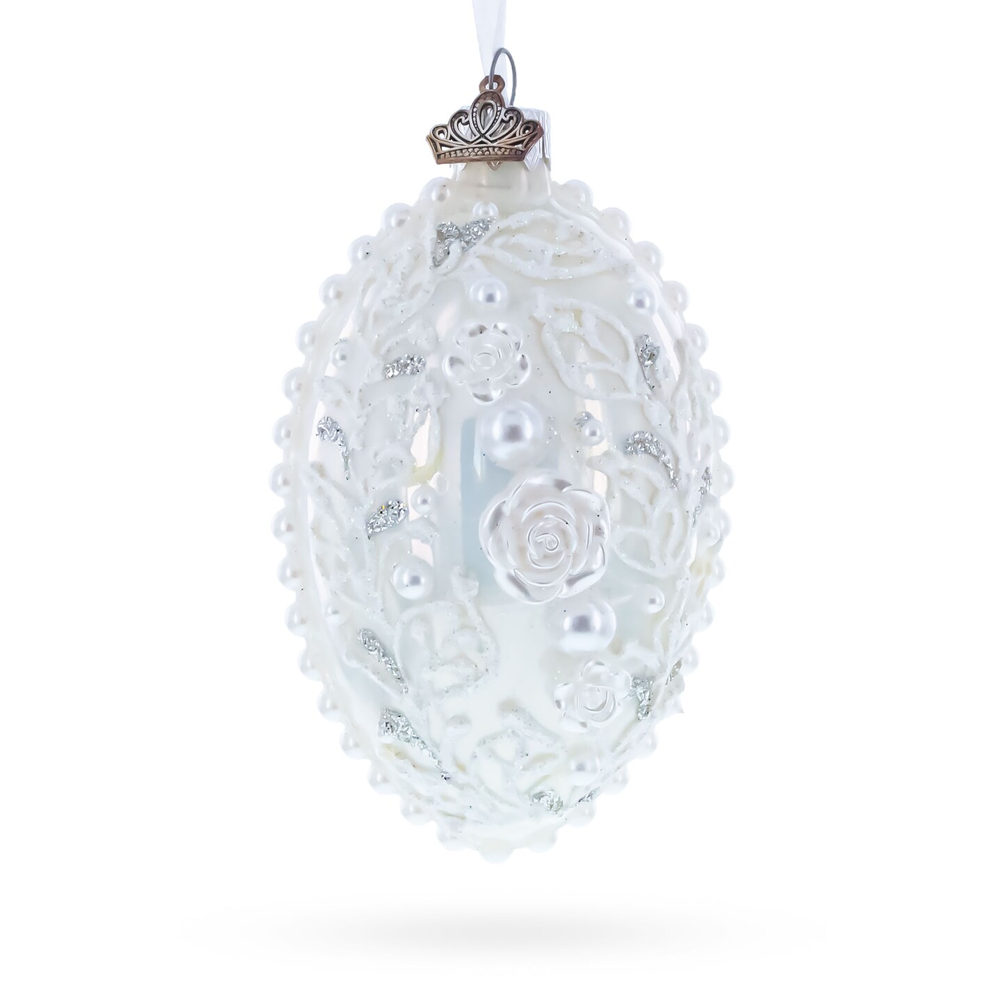 3D Pearl Roses Glass Egg Ornament 4 Inches