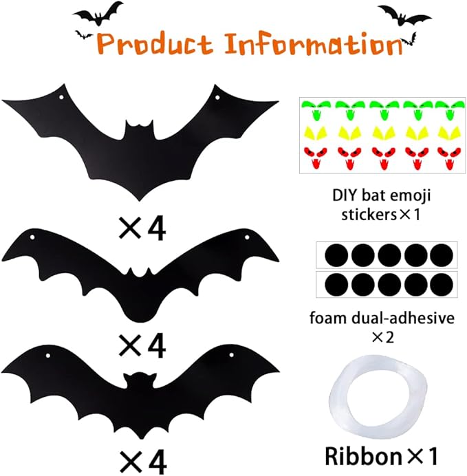Halloween Hanging Bats 12 Pieces 3D Realistic Scary Large Fake Black Hanging Flying Bat Spooky for Yard Sign Outdoor Indoor Lawn Decorations(3 Style)