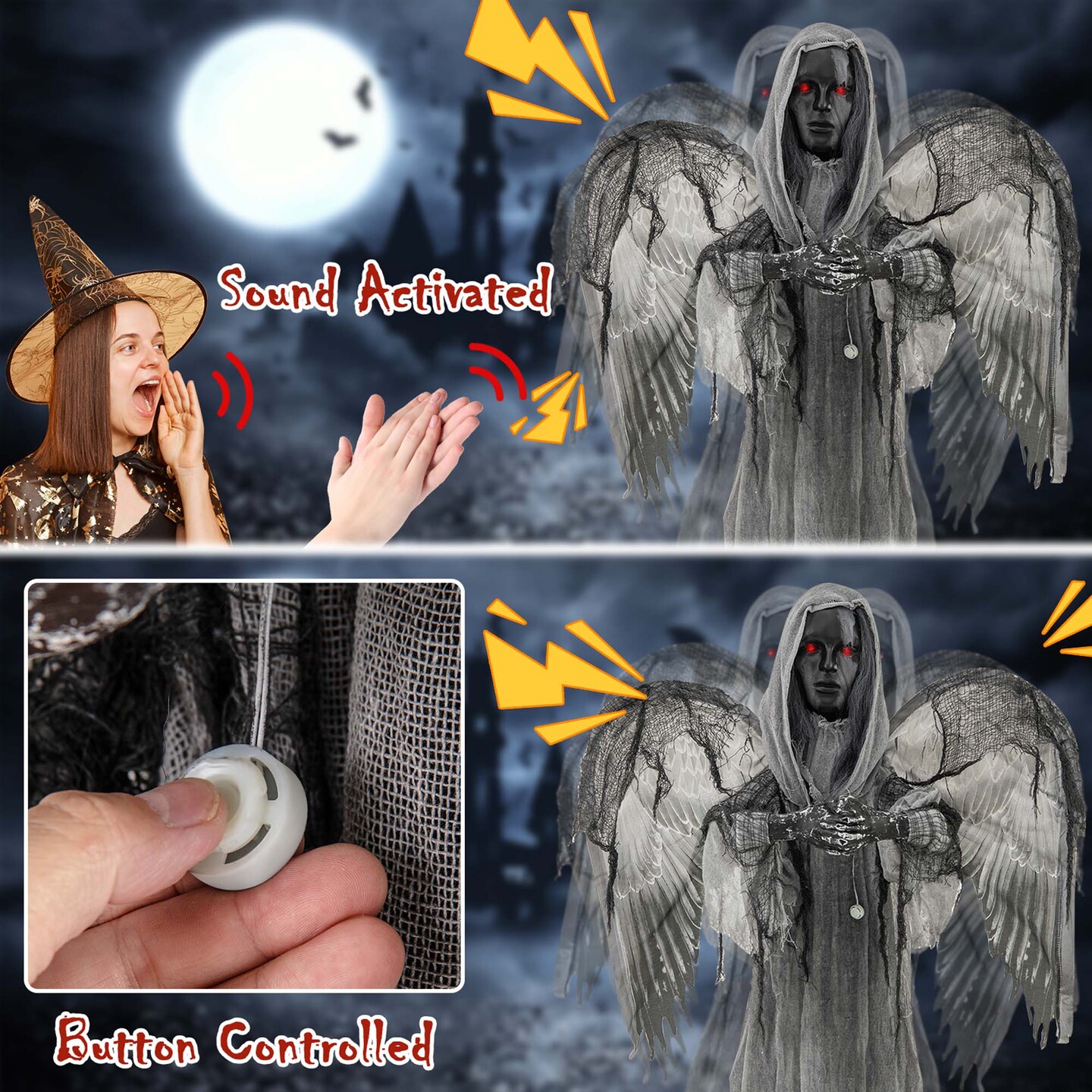 Costway 5.5ft Halloween Animatronic Decoration Animated Praying Angel Statue with Light Up Eyes &#x26; Shaking Wings