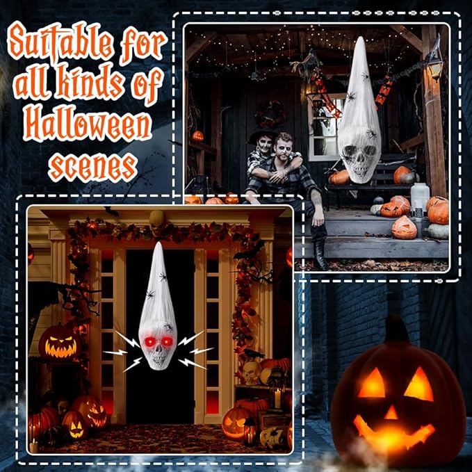 Halloween Outdoor Skull Decorations,20&#x22; Halloween Hanging Skeleton Spooky Voice Activated Decor with LED Red Eyes Spider for Halloween Party Haunted House Props Yard Indoor Outside Decorations
