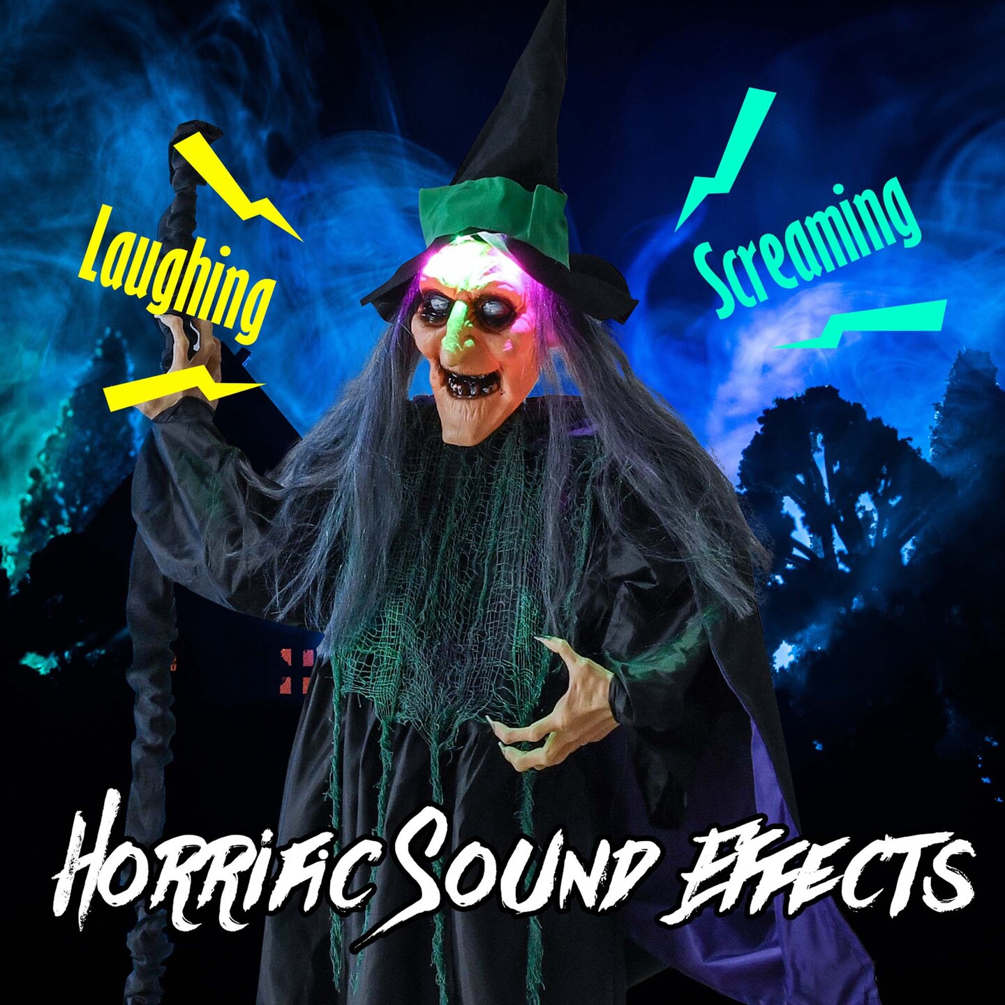 Costway Witch on Broom Halloween Animatronic Life Size Halloween Prop with LED Lights Laughing and Screaming