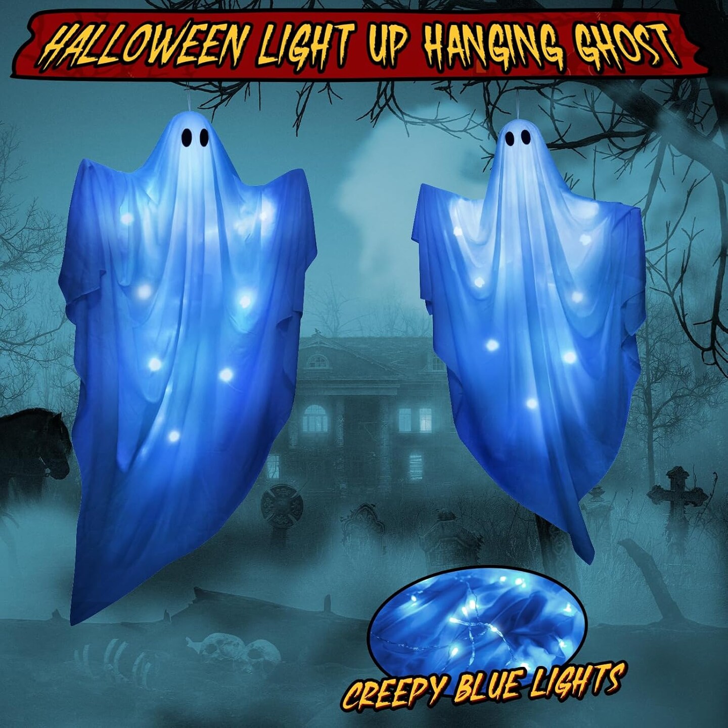 Large Size White Spooky Hanging Ghosts with Blue LED Lights Indoor Outdoor Front Yard Tree Porch