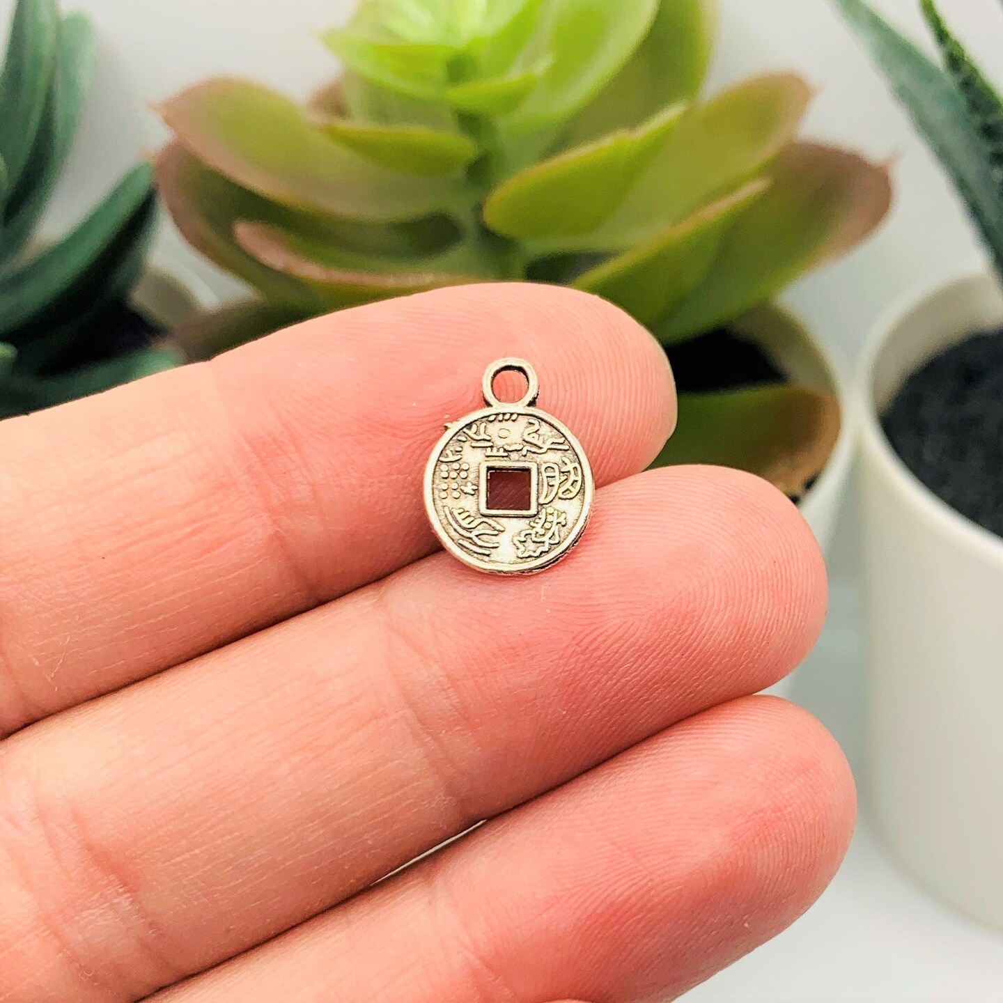 Small Antique Silver Chinese Lucky Coin Charms, 12x10mm