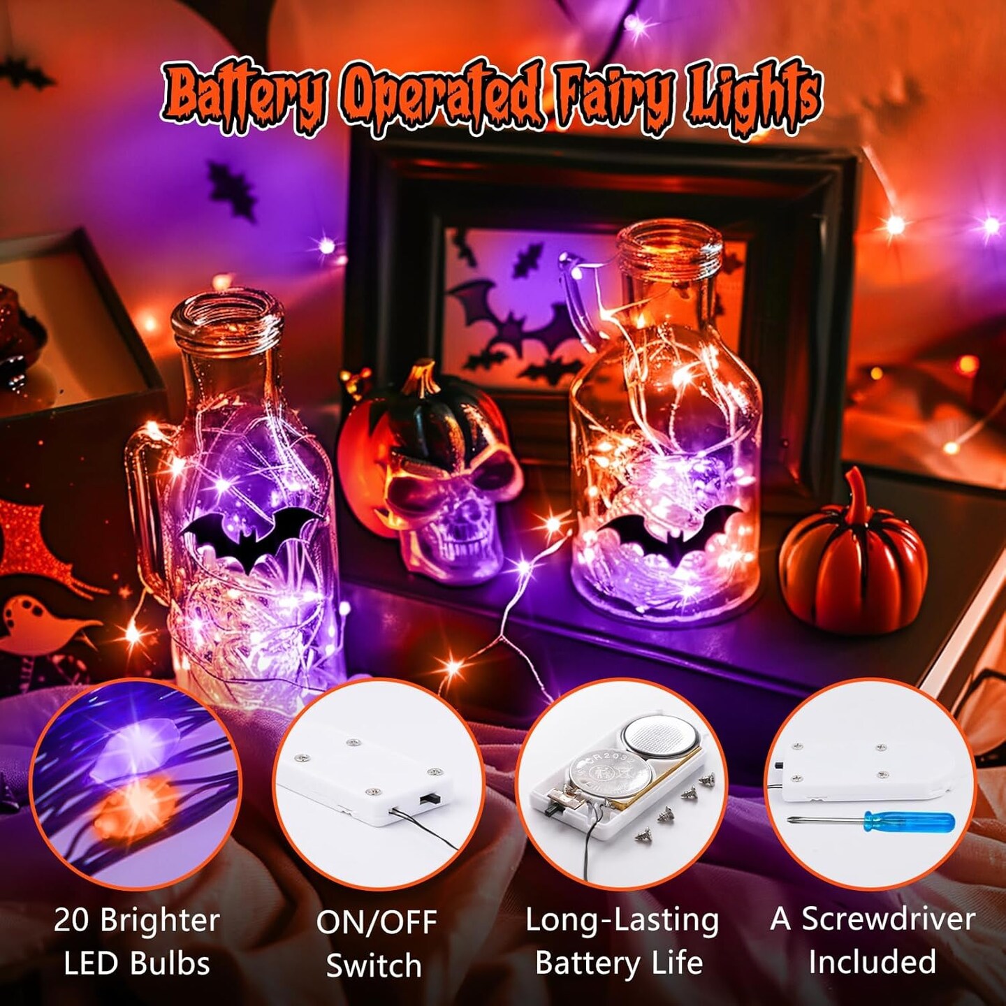 6 Pack Purple Orange Fairy Halloween Lights Battery Operated with Timer
