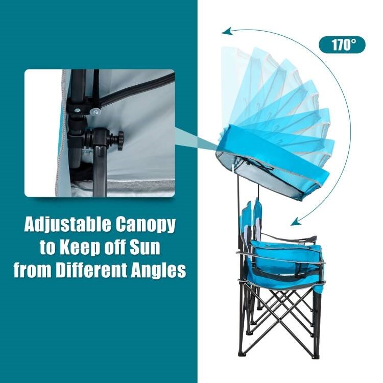 Steel Folding 2-Seater Camping Chair with Canopy and Cooler