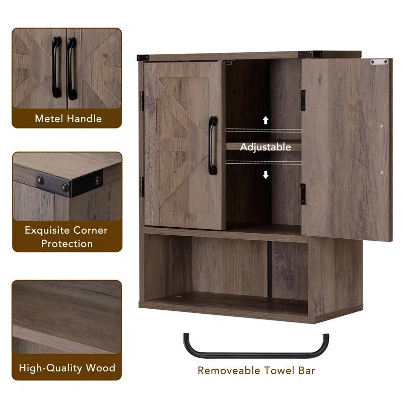 Modern Wooden Bathroom Wall Storage Cabinet with Doors and Towel Rack, Adjustable Shelves