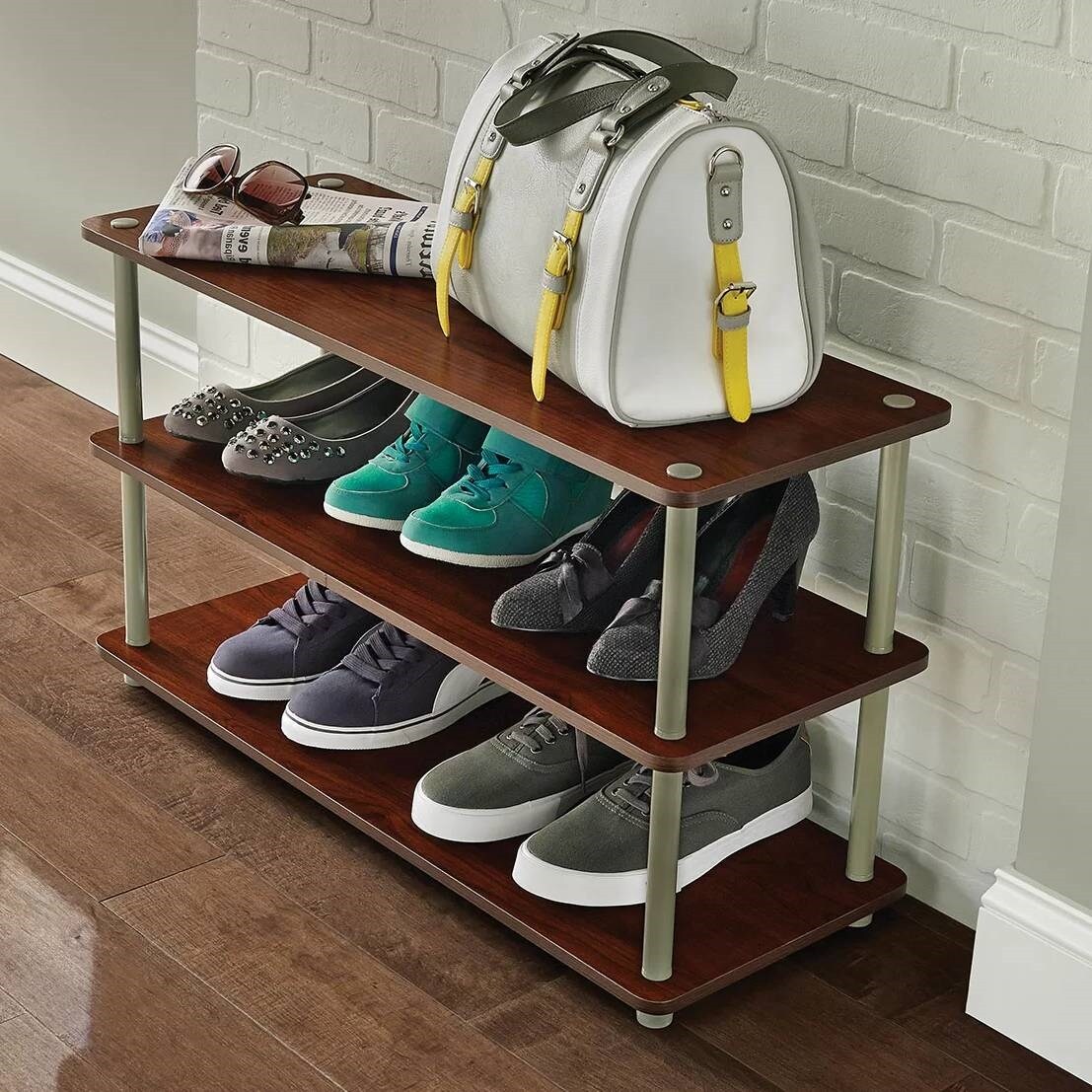 Dark Cherry Wood 3-Shelf Freestanding Shoe Rack for 12 Pairs with Metal Accents