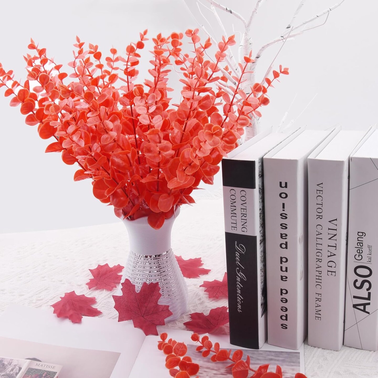 36 Pcs Orange Eucalyptus Stems Artificial Leaves Faux Eucalyptus Stems