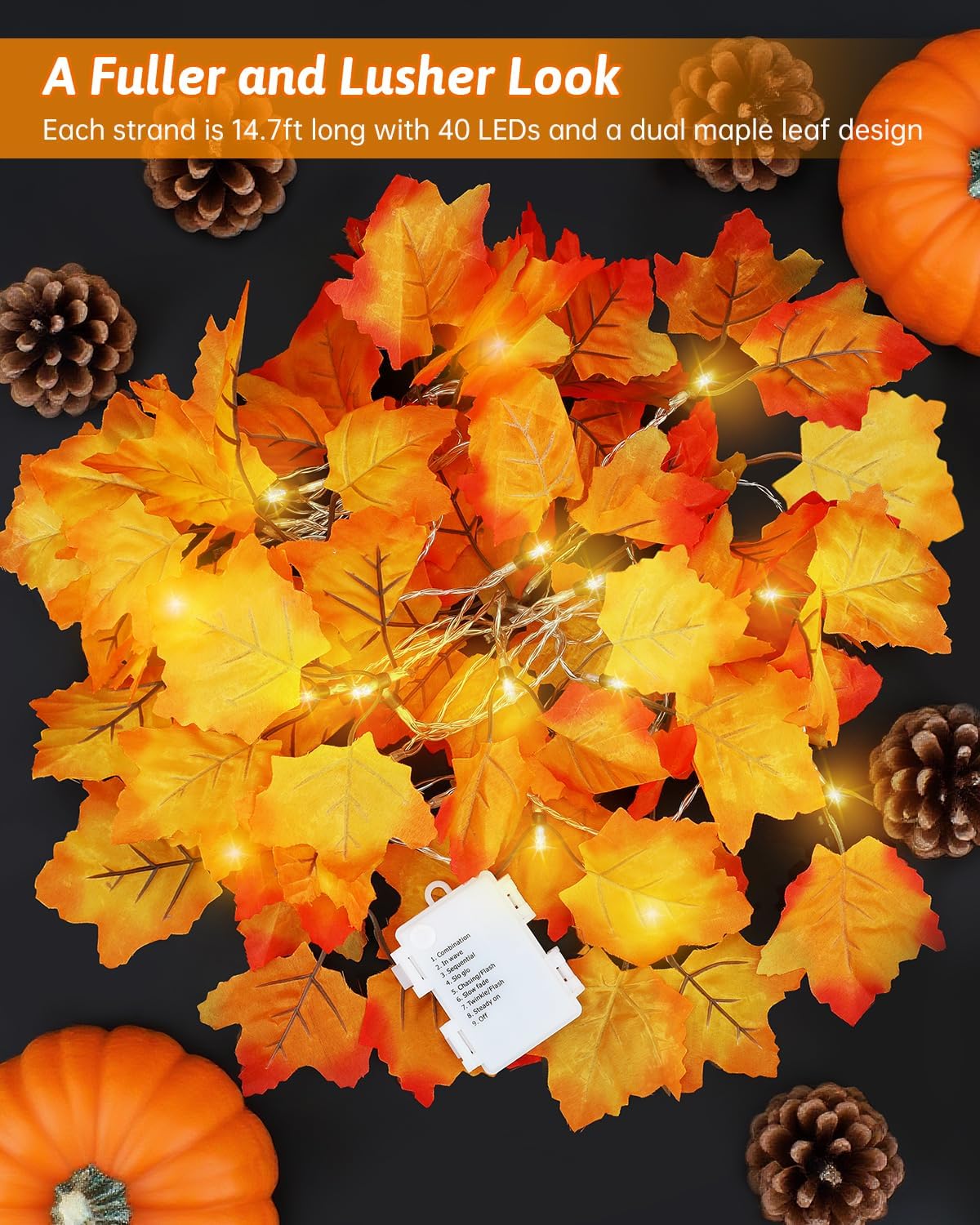 2Pack [8 Lighting Modes &#x26; Timer] Fall Decor Maple Leaf Garland