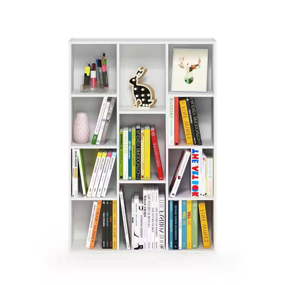 42" Freestanding White Wooden Bookcase with 11 Open Cube Storage Shelves and Closed Back