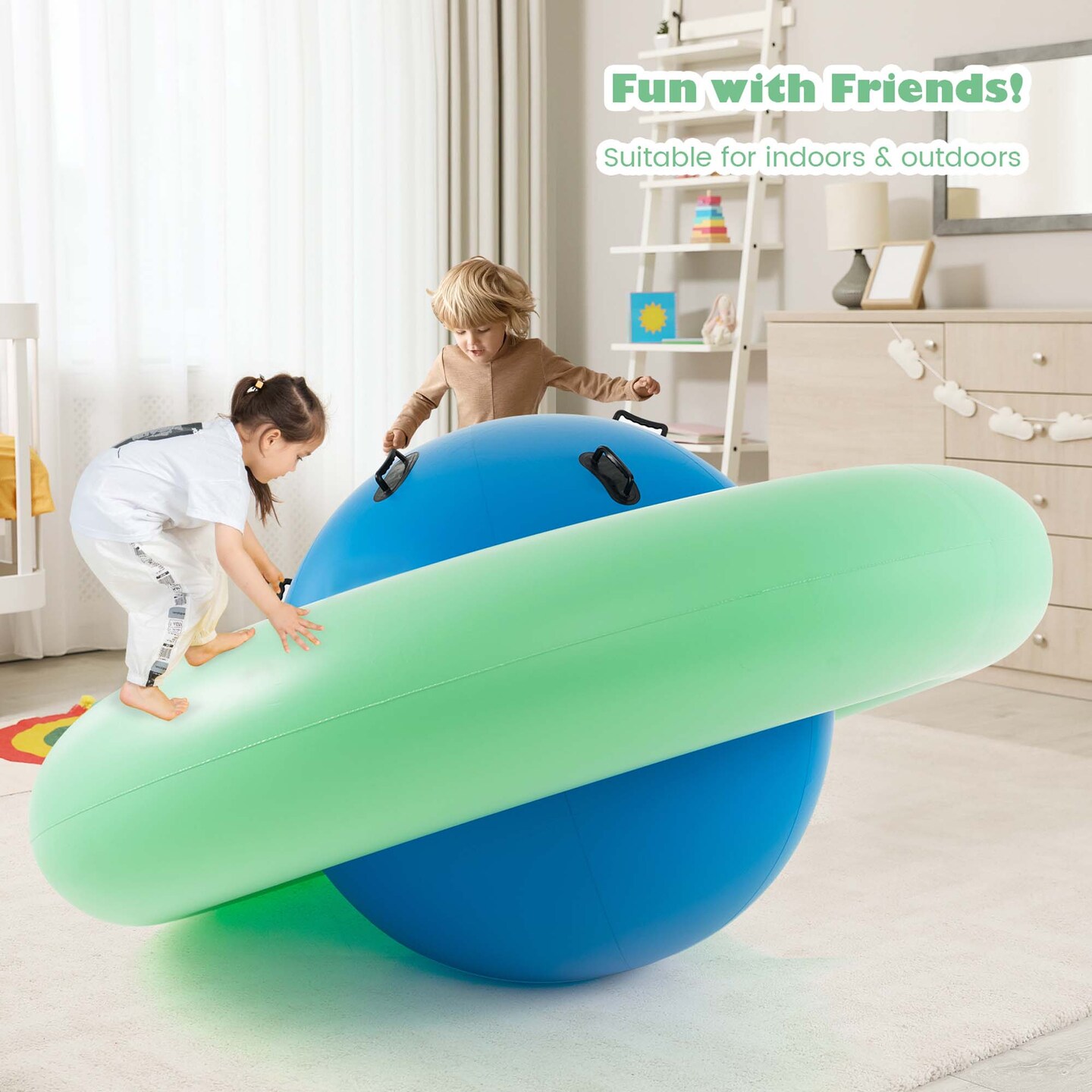 Costway 7.5 FT Inflatable Dome Rocker Bouncer with 6 Handles Fun Outdoor Game for Kids Green/Pink