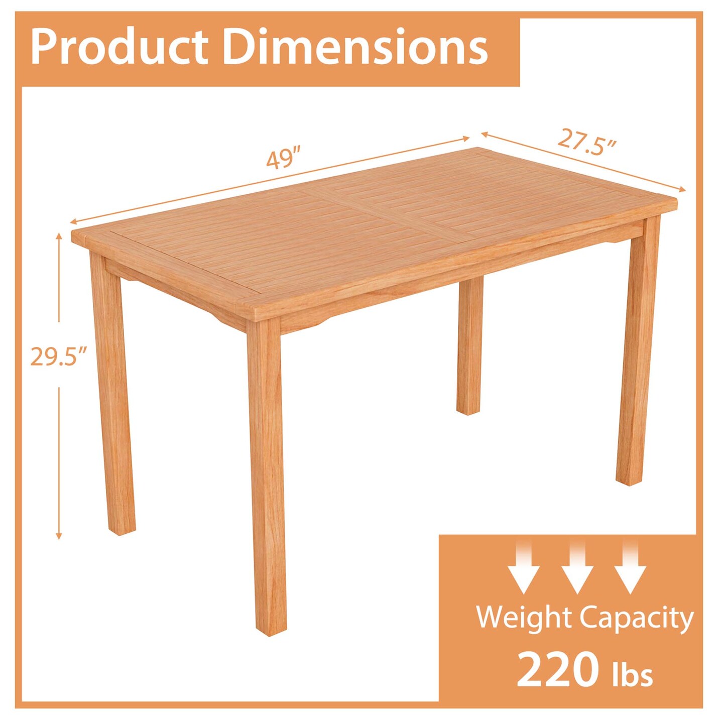 Costway Patio Rectangle Dining Table Indonesia Teak Wood Spacious Slatted Tabletop Outdoor Up to 6