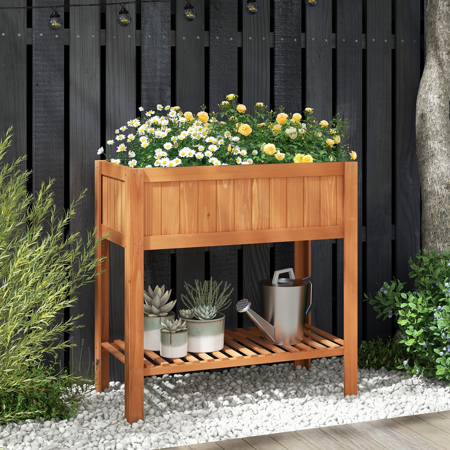 Costway Raised Garden Bed 39 x 20 x 39 in Outdoor Fir Wood Planter Box with Storage Shelf