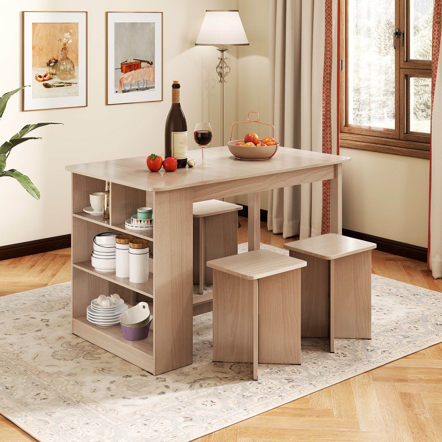 Costway 5 PCS Dining Table Set with Storage Shelf Rectangular Kitchen Table with 4 Stools Beige/Gray