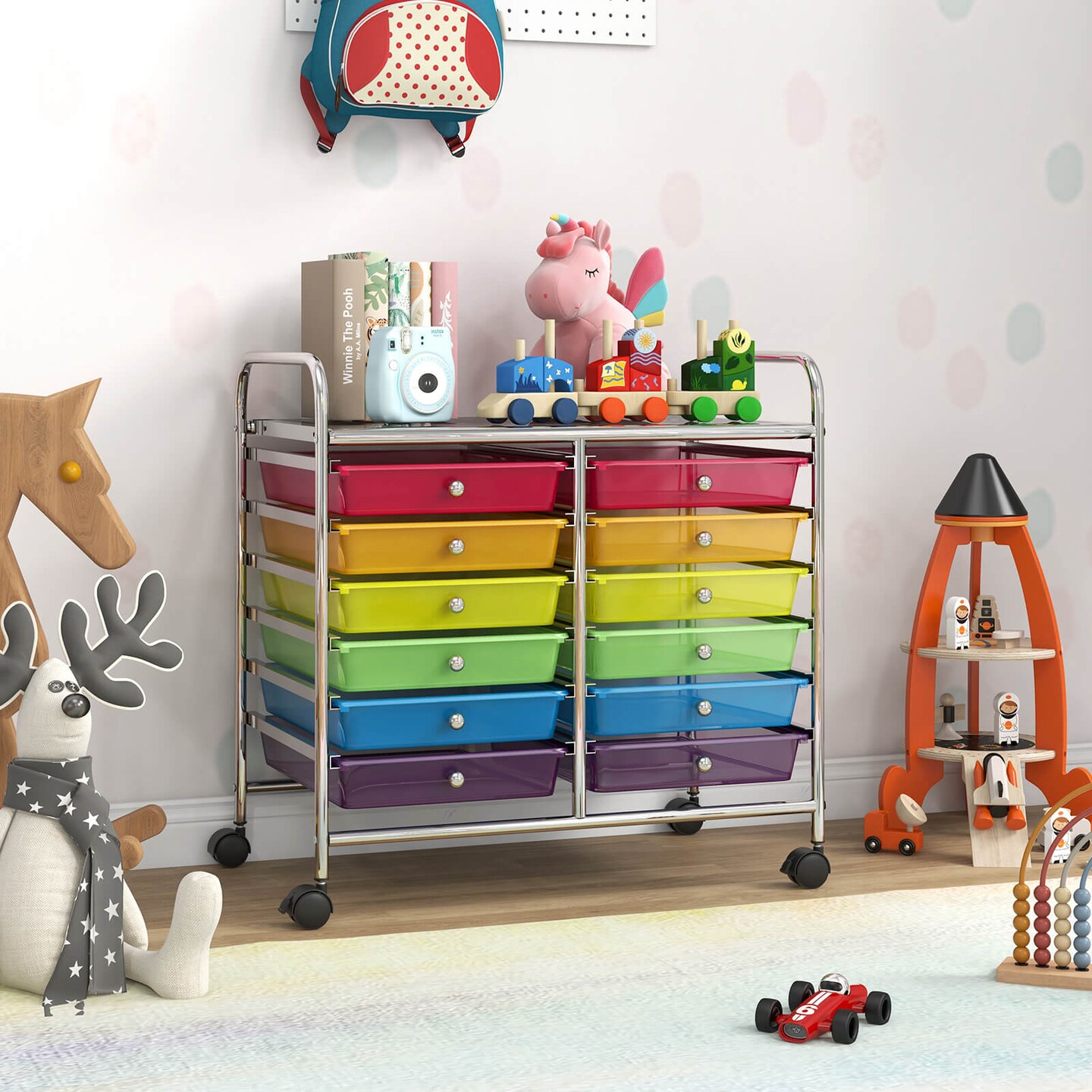Costway 12 Drawers Rolling Cart Storage Scrapbook Paper Studio Organizer Bins Macaron/White/Light Pink/Purple/Pink/Clear/Gray/Rainbow/Multicolor/Hot Pink/Black