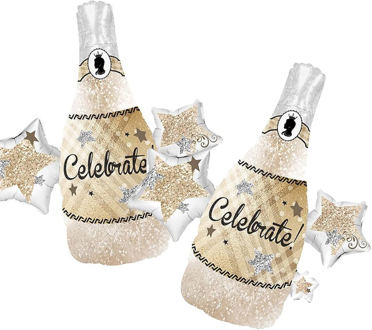 2Pcs Celebrate Champagne Balloons, Big Size Champagne Stars Glitter Aluminum Foil Balloons for Birthday Bachelor Wedding Graduation Party, 83x94 CM