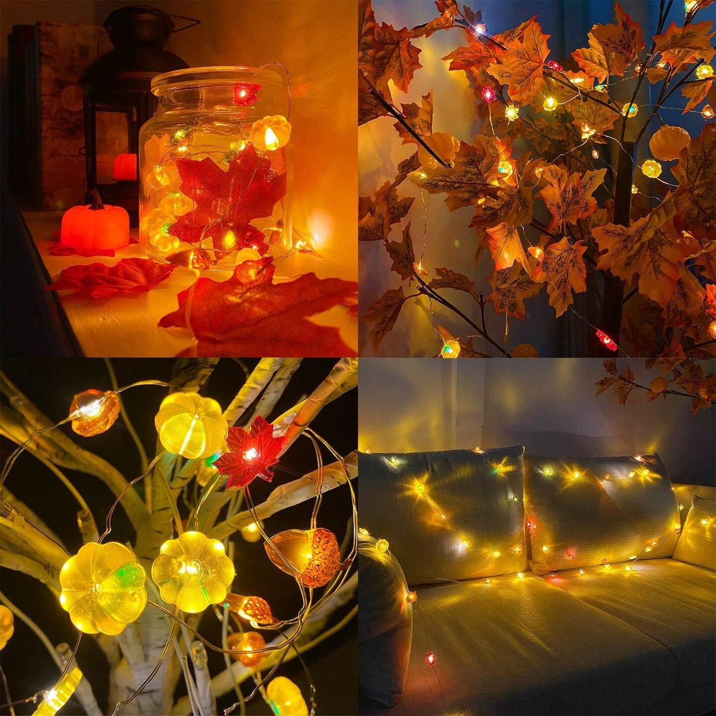 2-Pack 3D Fall Pumpkin String Lights, 40 LED / 13 ft Thanksgiving Decorations – Battery Powered Autumn Garland with Pumpkins, Acorns & Maple Leaves, Indoor/Outdoor Waterproof Fall & Halloween Decor (Warm White Lights)