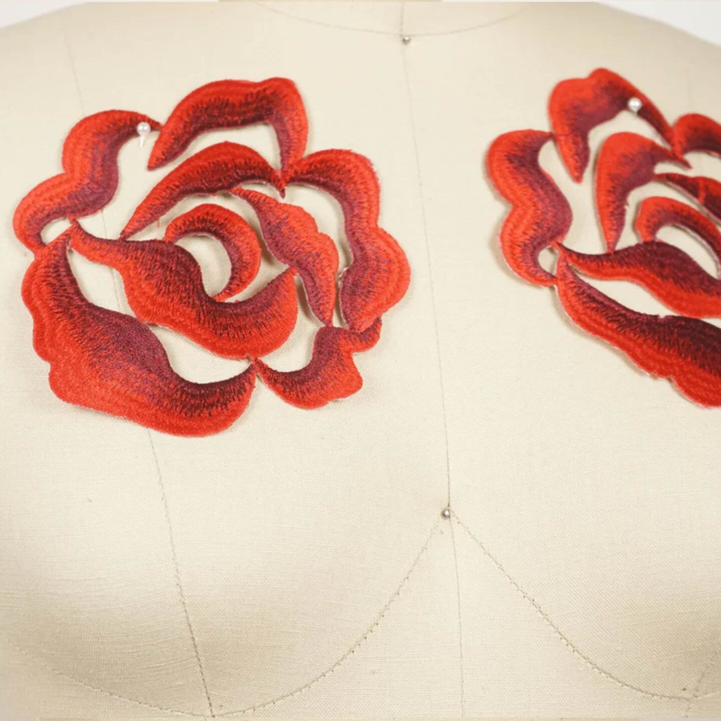 2 Pieces Wine Red Embroidery Rose Flower Patches 3D Iron On Applique for Jackets and Apparel