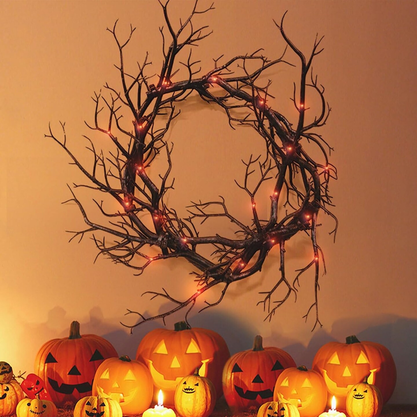 Halloween Black Branch Wreath Signs with Red Light