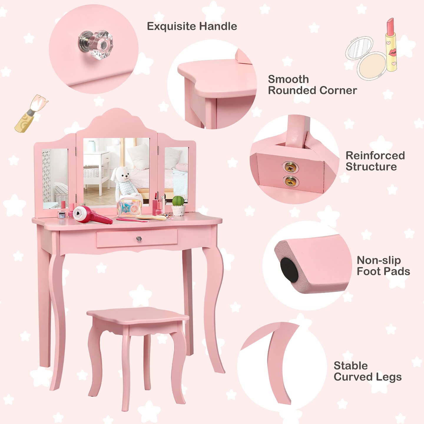 Costway Kids Vanity Table & Stool Princess Dressing Make Up Play Set for Girls White/Pink