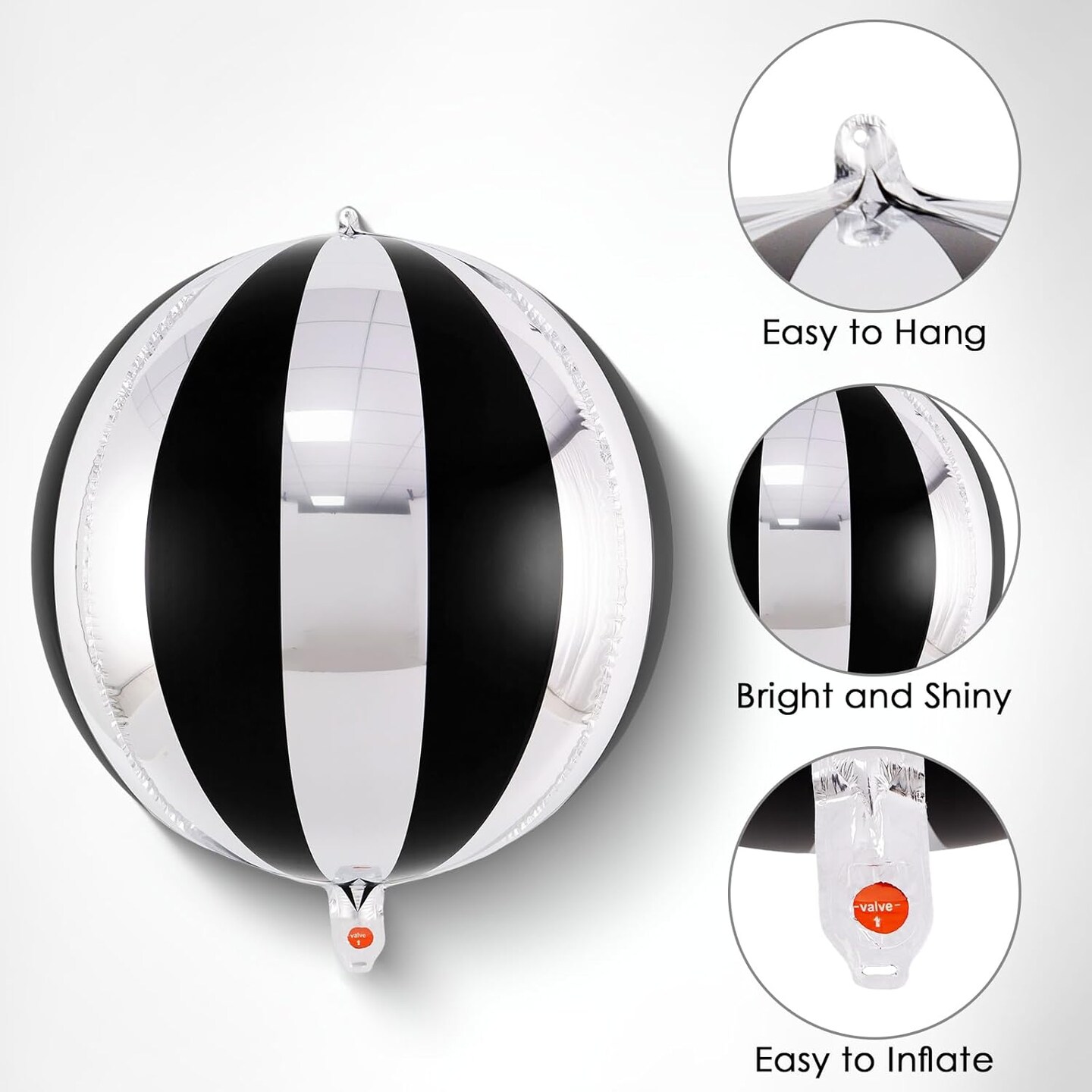 Black and Silver Striped Balloons, 22 Inch Metallic Round Foil Balloons-&#x9;Black and Silver