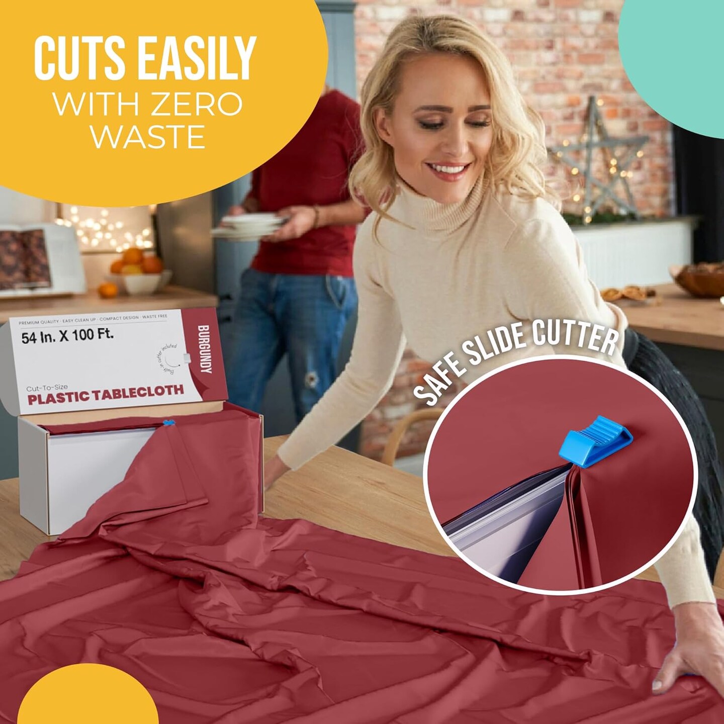 Exquisite Party Solids 54" x 100' Plastic Table Cover Roll with Slide Cutter – Cut-to-Size Dispenser Box – Makes Up to 12 Disposable 8' Rectangle Tablecloths