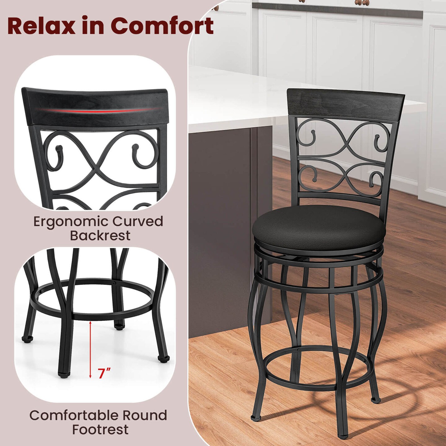 Costway Set of 2/4 Vintage Swivel Bar Stools 26" Bistro Upholstered Dining Chairs Black