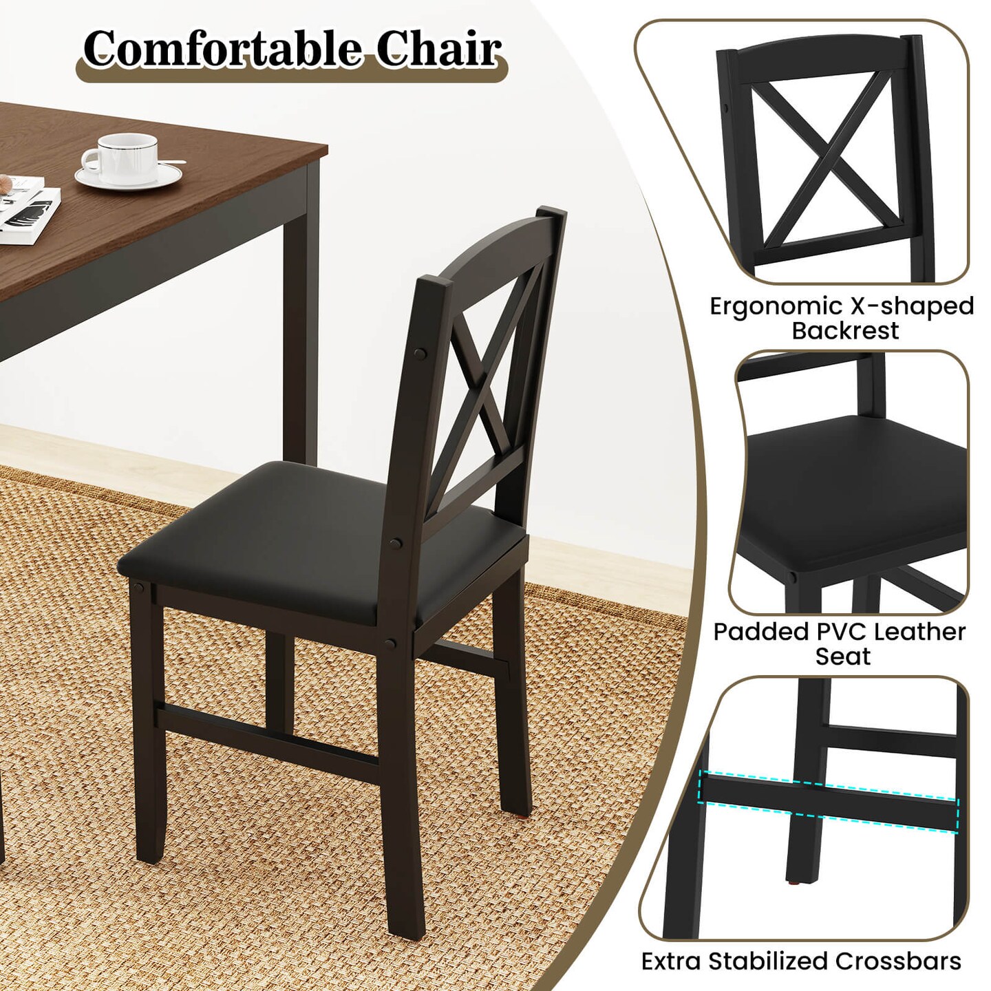 Costway 3 PCS Dining Table Set Wooden Square Kitchen Table with 2 Upholstered Chairs Brown/Gray