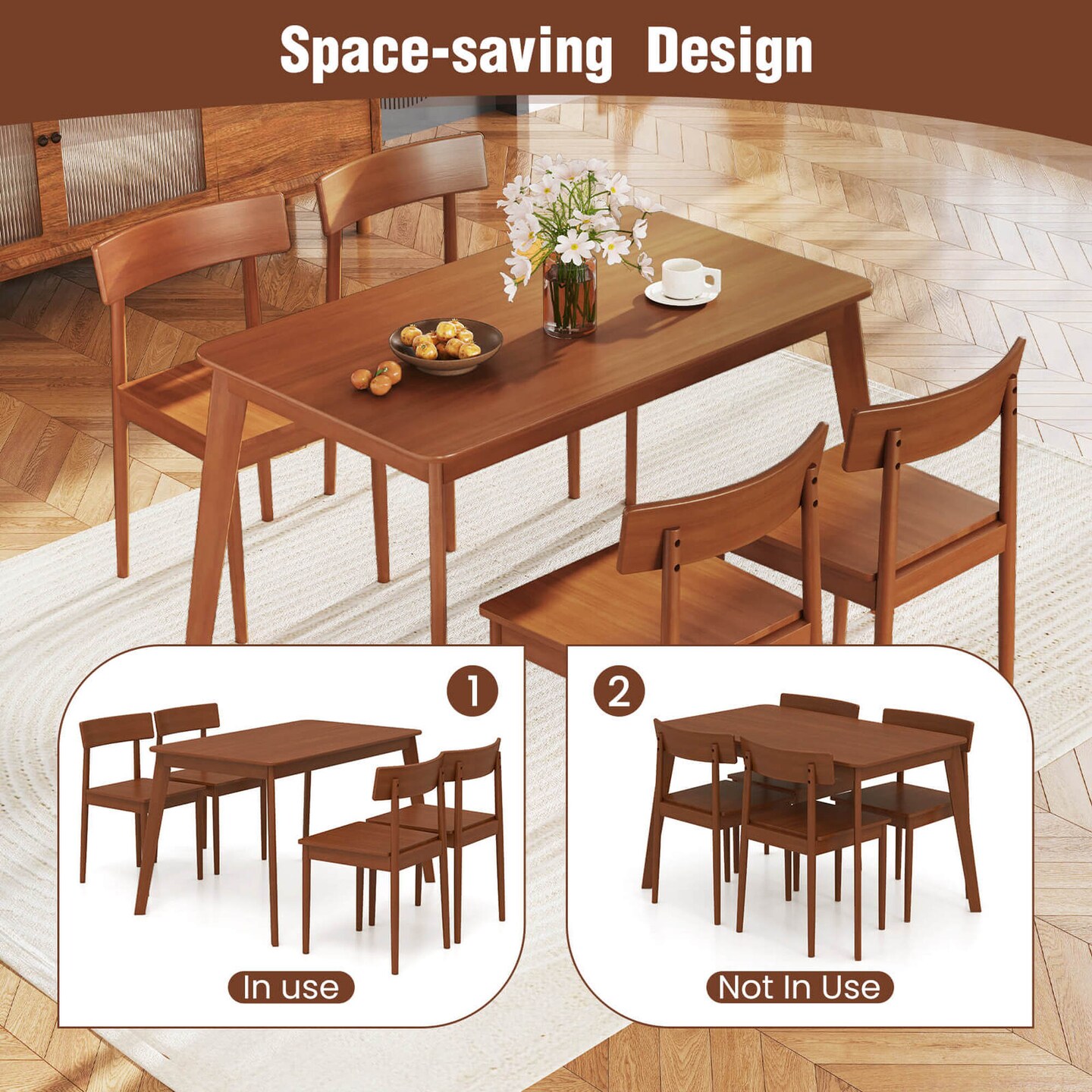 Costway 5 PCS Dining Table Set Rectangular Kitchen Table & 4 Chairs with Rubber Wood Frame