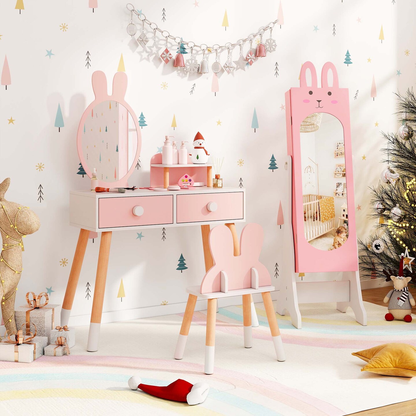 Costway Kids Vanity Set Princess Makeup Dressing Table and Chair Set with Jewelry Armoire White/Pink