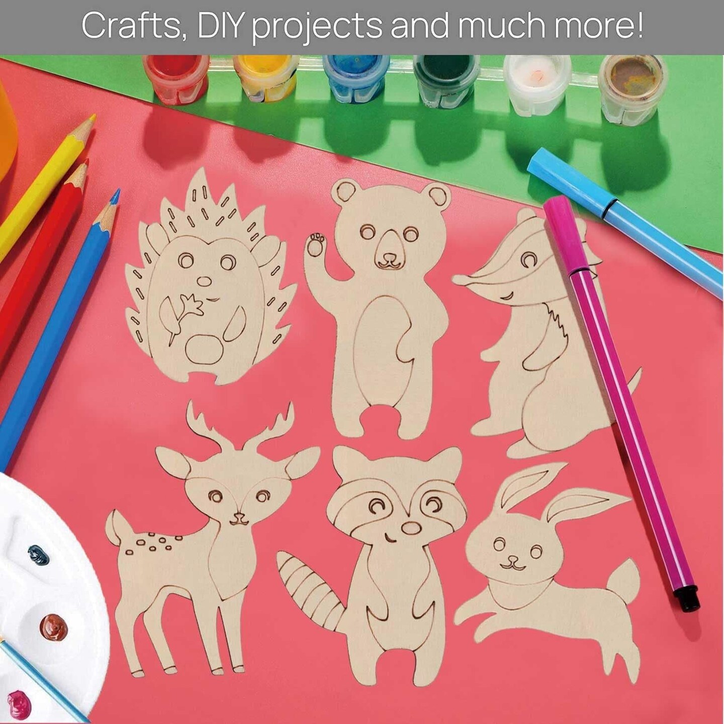 24 Pcs Wooden Crafts to Paint,Unfinished Wooden Jungle Animal Cutouts
